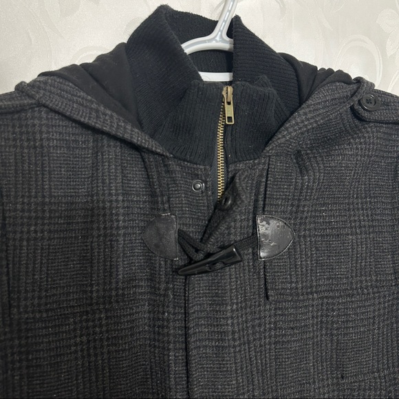 GUESS Grey Black Leather & Wool Blend Plaid Zip Up Coat - Picture 5 of 14